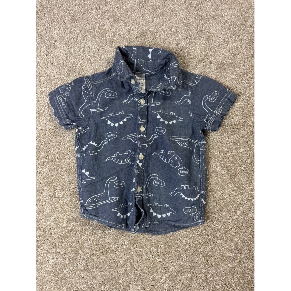 Carters Baby Boy 12M Blue Dinosaur Print Short Sleeve Button Down Shirt Chambray